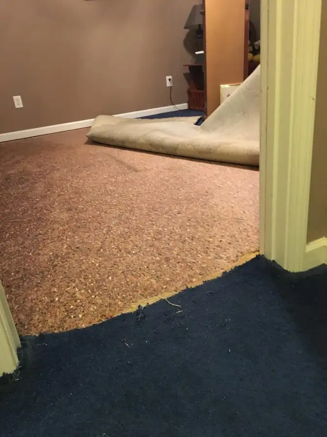 Carpet pad removal revealing water damage during Drying & Dehumidification in Eagle Point
